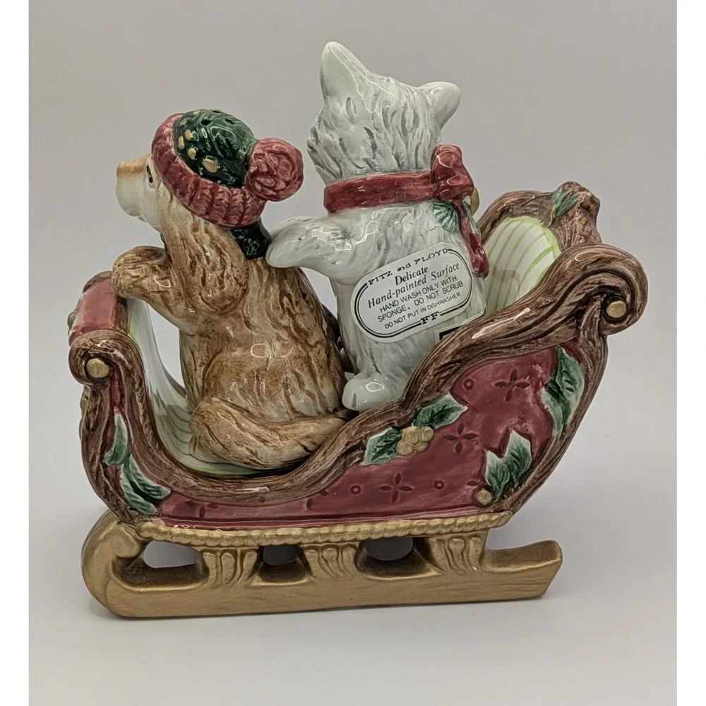 Vintage Fitz‎ & Floyd Dog & Cat Salt Pepper Shakers on Sleigh 1995